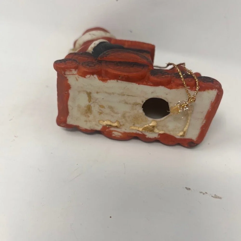 Vintage Santa Claus on Train Engine Christmas Ornament Red Ceramic Kitsch Retro